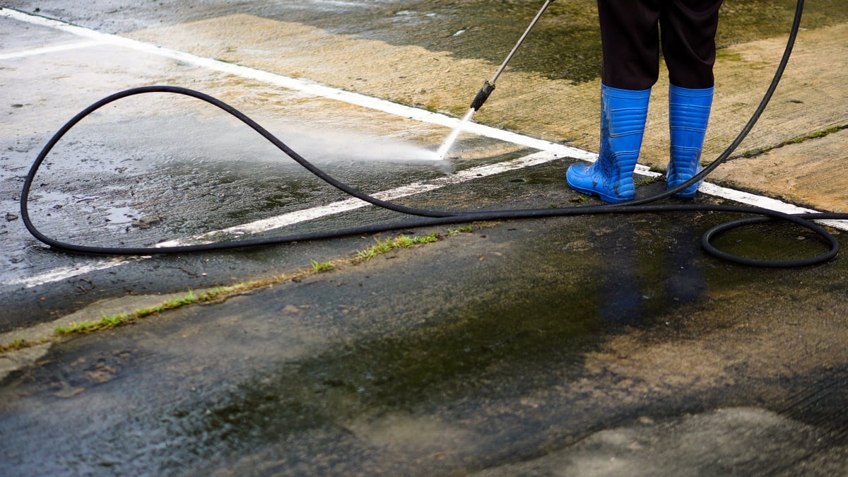 Commercial building exterior pressure washed